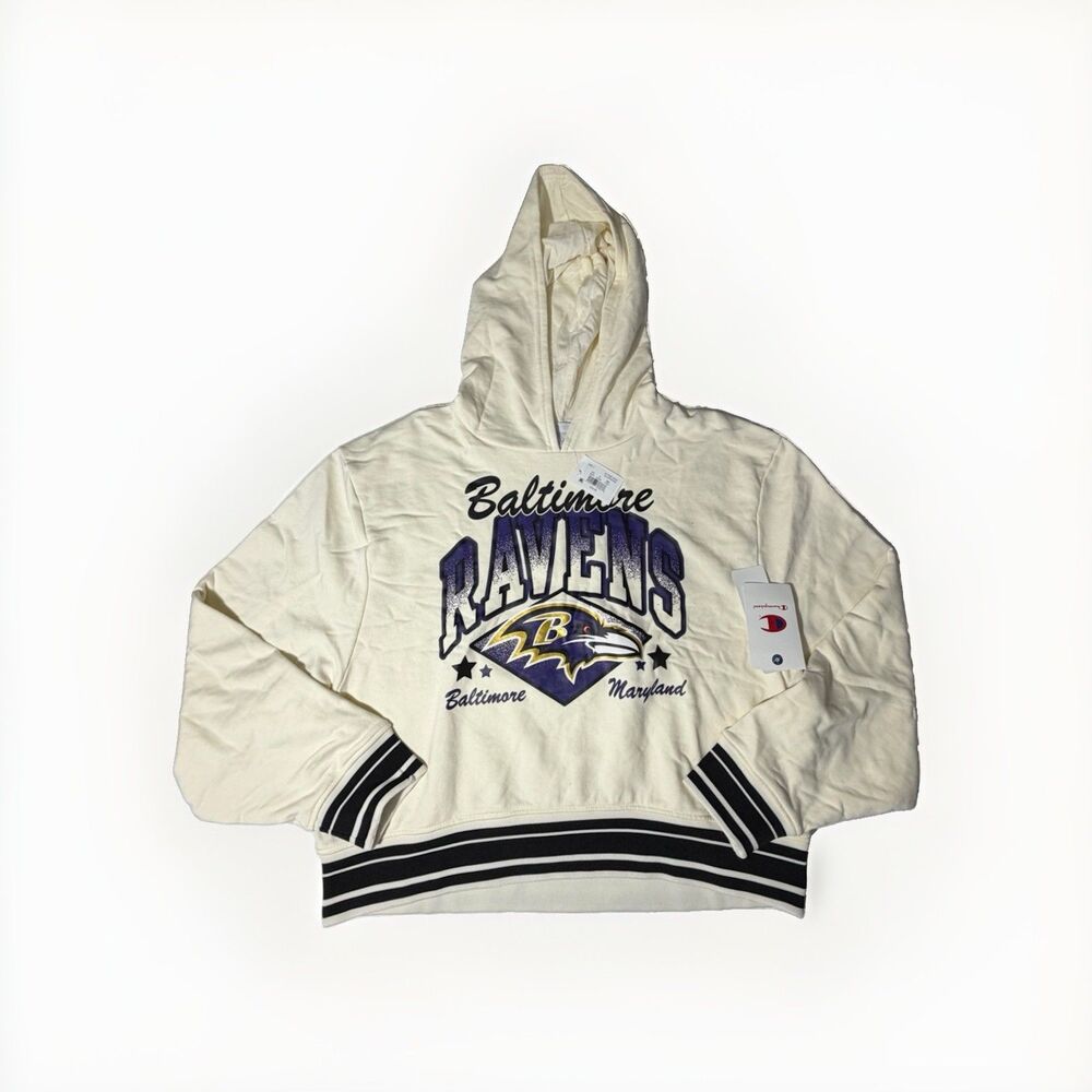 NWT Champion Baltimore Ravens Hoodie Women L Cream NFL Graphic Pullover
